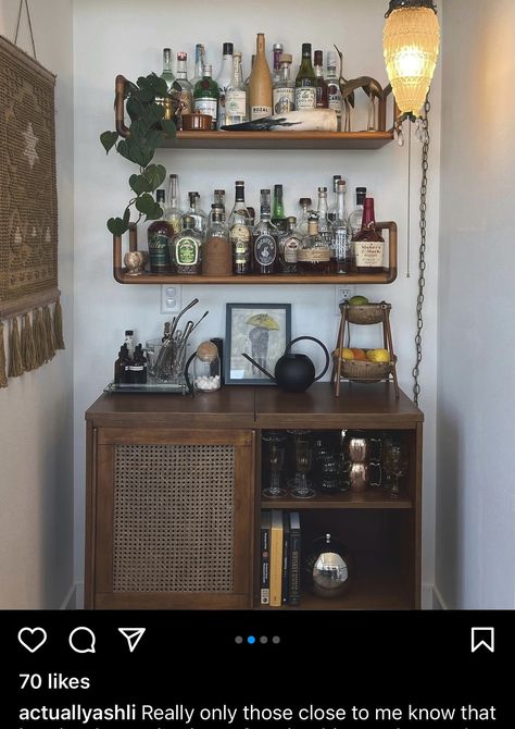 Shelves Over Bar Cabinet, Boho Bar Area In Home, Kitchen Alcohol Bar Ideas, Bookshelf And Bar Combo, Unique Home Bar Designs, Diy Bourbon Bar, Bar Cart With Floating Shelves, Bar Cart Diy Wooden, Coffee Bar Eclectic