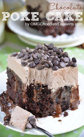 Chocolate Poke Cake is quadruple chocolate treat-rich chocolate cake infused with delicious mixture of melted chocolate and sweetened condensed milk. Chocolate Poke Cake, Poke Cake Recipes, Poke Cakes, Rich Chocolate Cake, Chocolate Dessert Recipes, A Piece Of Cake, Poke Cake, Piece Of Cake, Chocolate Treats