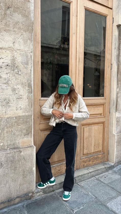 Gazelle Trainers Outfit, Adidas Campus With Dress, Army Green Sneakers Outfit, Green Campus Adidas Outfit, Green Sambas Adidas Outfit, Adidas Trainers Outfit Women, Green Adidas Outfit Women, Green Trainers Outfit Women, Green Sneakers Outfits For Women