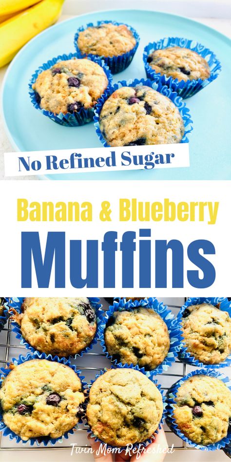 Healthy Banana Blueberry Muffins - Twin Mom Refreshed Blueberry Healthy, Blueberry Muffin Recipe Healthy, Toddler Muffins, Muffins Breakfast, Menu Sarapan Sehat, Healthy Blueberry Muffins, Banana Blueberry Muffins, Kids Breakfast, Toddler Breakfast