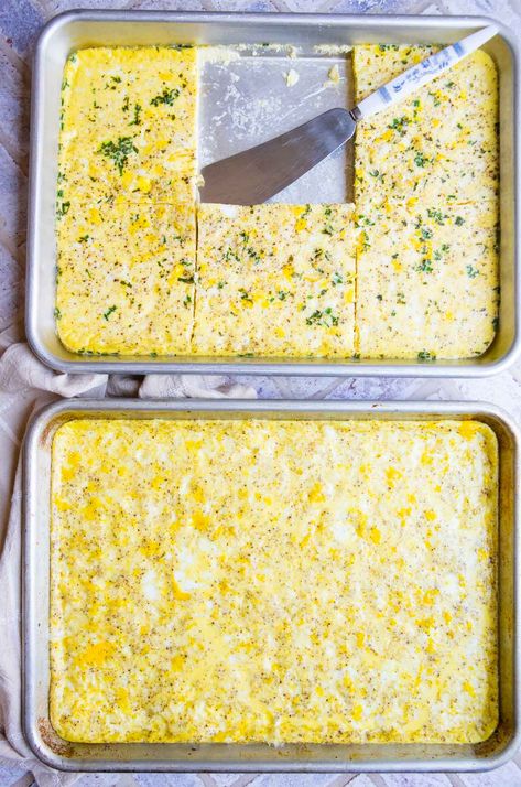 Thanks to one ingredient swap, this perfect recipe to make sheet pan eggs for sandwiches is packed with the same amount or protein and almost half the amount of calories as other recipes. The eggs come out light, fluffy and delicious every time and yield the exact quantity to make ½ dozen easy breakfast sandwiches. Egg Bake For Sandwiches, Pan Sheet Eggs, Fluffy Sheet Pan Eggs, Egg White Sheet Pan Eggs, Pan Eggs Sheet, Sheet Pan Omelettes, Egg Patties For Sandwiches, Sheet Pan Eggs With Cottage Cheese, Eggs In Oven Sheet Pan