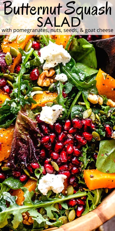 Salad With Butternut Squash Goat Cheese, Fall Salad Pomegranate Seeds, Fall Salads With Pomegranate, Butternut Squash Goat Cheese Salad, Pomegranate Walnut Salad, Roasted Butternut Salad Recipes, Thanksgiving Salad With Pomegranate, Roasted Butternut Squash Salad Recipes, Fall Salad Pomegranate