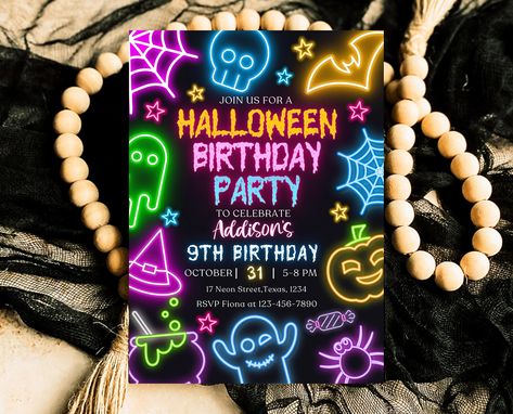 "Unleash Your Halloween Creativity with Our Editable Neon Birthday Party Invitation Template. Get ready to transform into your alter ego and join the spooktacular fun with our customizable Halloween Costume Party Invitation template. Designed to capture the spirit of the season, this template allows you to personalize every detail, from the hauntingly delightful graphics to the party information. Whether you're hosting a costume contest, a thrilling masquerade, or a wickedly fun gathering, our e Neon Halloween Party, Neon Costume, Halloween Invitaciones, Halloween Invitation Template, Halloween Birthday Party Invitations, Halloween Costume Party Invitations, Fiesta Halloween, Neon Halloween, Halloween Party Invite