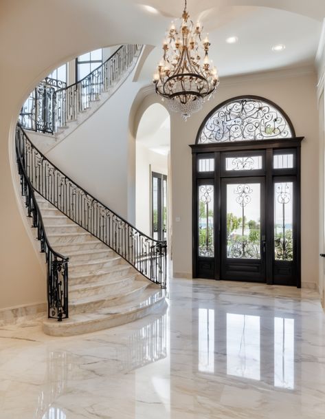 50 Foyer Design Ideas To Transform Your Home's Entrance French Contemporary Entryway, Dream House Foyer, Grand Home Entrance, Front Door Entrance Interior Foyers, Entry Way Ideas With Stairs, Grand Foyer Ideas Entryway, Double Height Entrance Foyer, Two Story Foyer Ideas Entryway, Grand Entryway Foyers