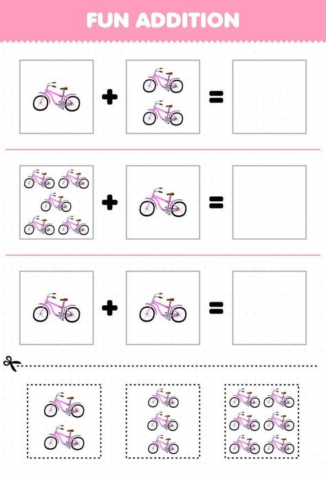 Education game for children fun addition by cut and match cute cartoon transportation bicycle pictures worksheet Cartoon Transportation, Bicycle Pictures, Vector Doodle, Game For Children, Games For Kids, Montessori, Cute Cartoon, Activities For Kids, Transportation