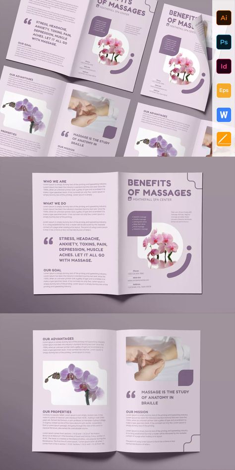 Massage Brochure, Spa Center, Publication Design, Muscle Aches, Brochure Design Template, Templates Downloads, Brochure Design, Print Templates, Brochure Template