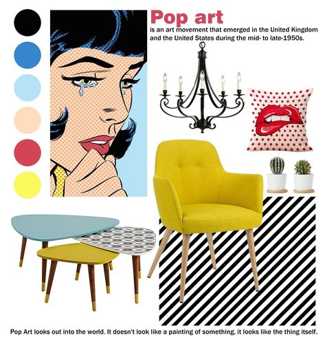 Pop Art Style Interior Design, Popart Color Pallete, Comic Interior Design, Pop Art Furniture Interior Design, Pop Art Room Design, Pop Art Apartment Decor, Pop Art Color Scheme, Pop Art Office Interior Design, Modern Pop Art Living Room