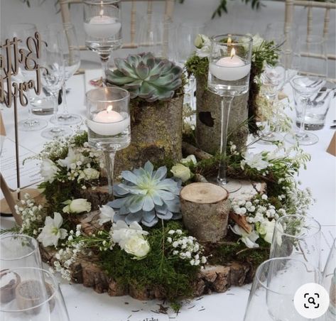 Decorating A Round Wedding Table, Woods Wedding Centerpieces, Wedding Ideas With Succulents, Forest Table Centerpieces, Garden Theme Table Centerpiece, Forest Theme Centerpieces Woods, Mystical Wedding Centerpieces, Moss And Candle Centerpiece, Nature Themed Centerpieces