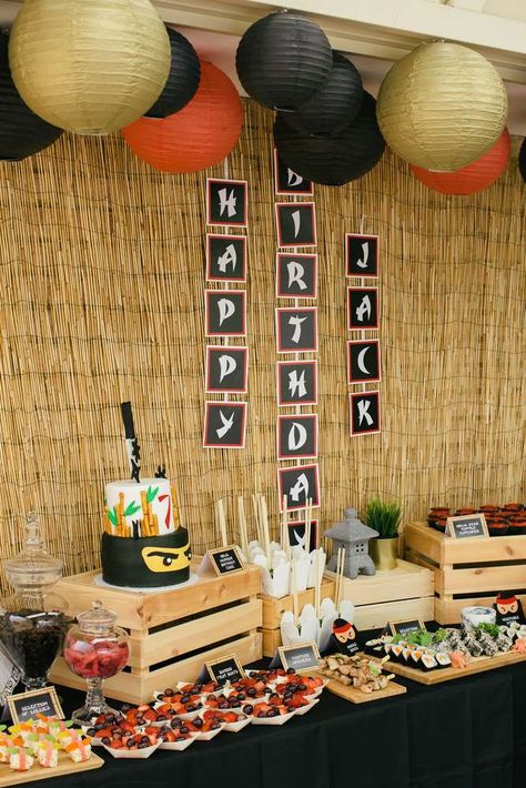 Diy Ninja Party Decorations, Samurai Theme Party, Ninja Birthday Food Ideas, Sushi Party Food Ideas, Samurai Birthday Party, Japan Birthday Party, Jujutsu Kaisen Birthday Party Ideas, Hibachi Party Ideas At Home, Hibachi Birthday Party Ideas