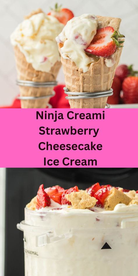 Ninja Creami Strawberry Cheesecake Ice Cream—crafted with fresh strawberries and cheesecake-flavored pudding mix! Strawberry Cheesecake Ninja Creami, Ninja Creami Strawberry Cheesecake, Cheesecake Ninja Creami, Pudding Ice Cream Recipe, Cheesecake Ice Cream Recipe, Butterscotch Ice Cream, Protein Ice Cream Recipe, Strawberry Cheesecake Ice Cream, Ice Cream Crafts