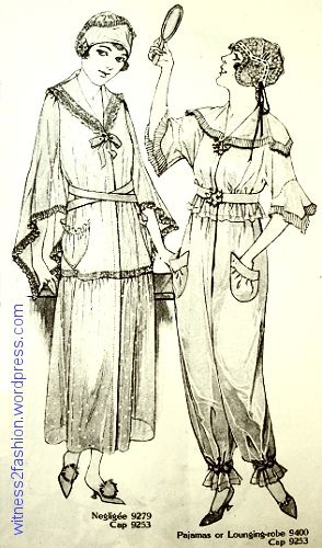 Butterick negligee 9279, boudoir cap 9523, and pajama 9400. September, 1917. Delineator. Fashionable Gowns, Decade Fashion, Edwardian Steampunk, 1910s Fashion, Pajama Pattern, Winter Pajamas, Lost Girl, Edwardian Era, Dress Silhouette