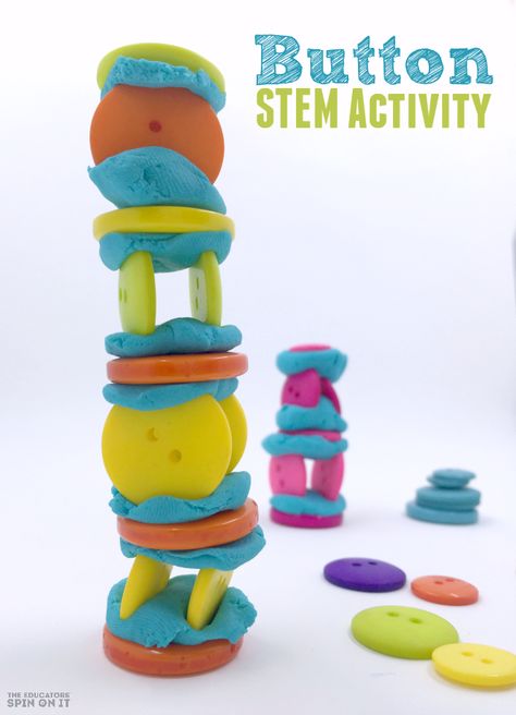 Create this fun Button STEM Activity Challenge with your Kids.  A quick activity that challenges your child's fine motor skills and critical thinking skills.  Plus great for on the go too! Stem Bins, Stem Centers, Kindergarten Stem, Steam Ideas, Preschool Stem, Challenges Activities, Stem Challenge, Stem Activity, Steam Activities