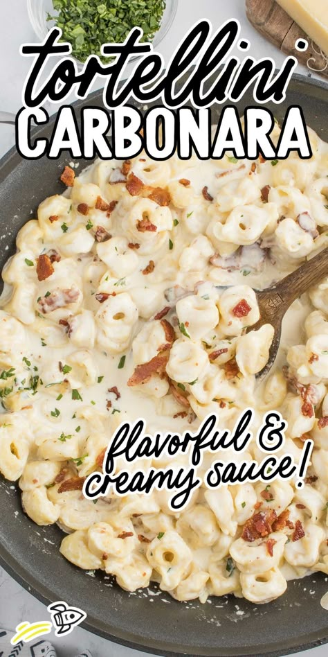 Tortellini Carbonara Simple Sunday Dinner Meals, Tortellini Carbonara, Skillet Suppers, Tortellini Casserole, Cheese Tortellini Recipes, Apartment Recipes, Yummy Nummies, 2023 Recipes, Simple Family Meals