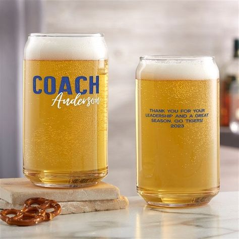 * Custom printed with any name on the front and message on the back * Choose from multiple color combinations  * Beer Can Glass designed to replicate a beer can, holds 16oz. * Minor air bubbles and subtle markings may be apparent and are expected withglass products * Measures 5 1/4H * Hand wash only * Made in USA Celebrate and congratulate your coach on a wonderful season with our Thanks Coach Personalized Beer Glasses. A wonderful way to show your coaches a heartfelt appreciation at the last ga Personalized Beer Glasses, Personalized Beer, Last Game, Beer Mugs, Air Bubbles, Multiple Color, Beer Can, Glass Design, Beer Glasses