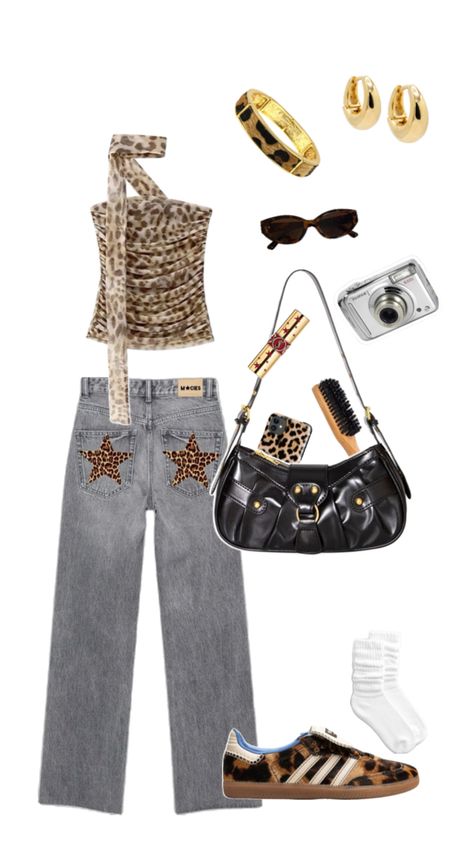 Lepord star jeans, lepord print top, sambas, gold jewellery, fujifilm digital camera, boar hair brush, black bag, ysl lipstick, and sunglasses Fujifilm Digital Camera, Boar Hair Brush, Ysl Lipstick, Bag Ysl, Leopard Outfits, Star Jeans, Black Bag, Gold Jewellery, Hair Brush