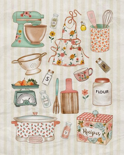 Fruit Basket Drawing, Kitchen Collage, Vintage Aesthetic Stickers, Vintage Aesthetic Stickers Printables, Food Watercolor, Cooking Design, Basket Drawing, Recipe Book Templates, Kitchen Drawing