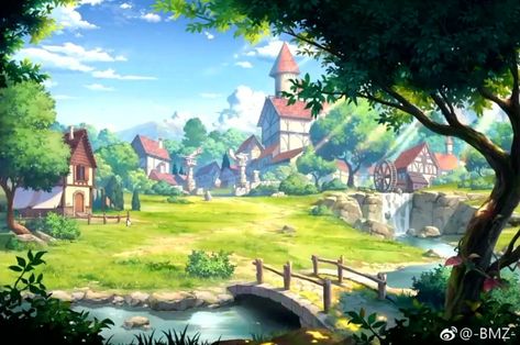 Anime Medieval Background, Elsweyr Art, Fantasy Valley Landscape, Anime Village, Morning Forest, Countryside Village, Fantasy Village, Game Aesthetic, Fantasy Town