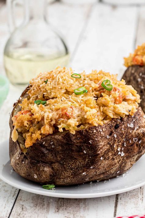 Close up shot of a crawfish baked potato. Crawfish Baked Potato, Baked Potato Stuffed, Stuffed Baked Potato, Crawfish Bread, Cajun Seasoning Recipe, Crawfish Recipes, Potato Stuffed, Southern Breakfast, Au Gratin Recipes