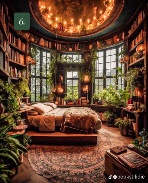 Cottagecore Witch Bedroom, Cozy Witch Cottage Aesthetic, Fantasy Bedroom Aesthetic Cozy, Apothecary Aesthetic Bedroom, Apothecary Decor Bedroom, Dark Fantasy Interior, Apothecary Bedroom Ideas, Dark Cottagecore Interior, Witch Cottage House