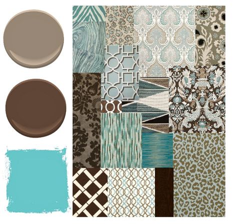 Blue, Brown, and Aqua Color Palette - Places in the Home Room Interior Colour, Aqua Color Schemes, Taupe Color Palettes, Brown Fabrics, Aqua Color Palette, Turquoise Color Scheme, Turquoise Paint, Brown Living Room Decor, Aqua Paint