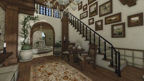 Bloxburg House Lunarzia, Medieval Bloxburg House, Bloxburg Custom Chandelier, Mediterranean Bloxburg House Interior, Mediterranean Bloxburg Interior, Apartment Interior Bloxburg, Bloxburg Antique House, Antique Bloxburg House, Bloxburg Interior Ideas Hallway