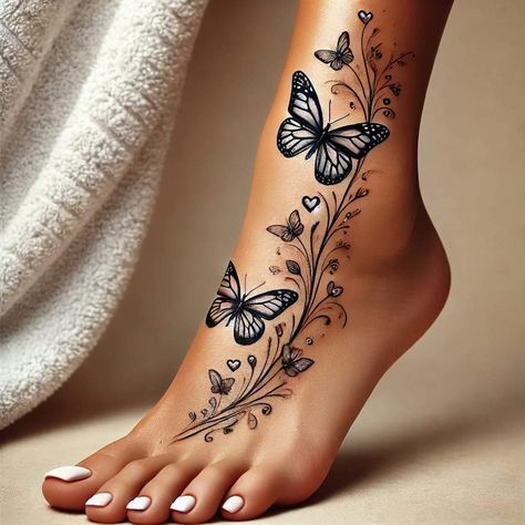 Foot Butterfly Tattoo, Foot Tattoo Ideas Female, Unique Leg Tattoos Women, Feet Tattoos For Women Beautiful, Trendy Tattoos For Women, Ankle Tats, Butterfly Foot Tattoo, Cute Foot Tattoos, Ankle Tattoos For Women