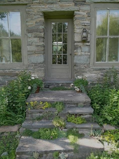 Gray Cottage, Grey Cottage, Kitchen Entry, Stone Building, Outdoor Tub, Grey Houses, Door Steps, Farmhouse House, Stone Cottage