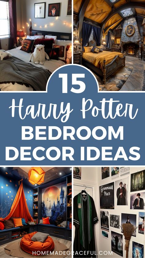 harry potter bedroom decor ideas Harry Potter Beach House, Harry Potter Bedroom Theme, Master Bedrooms Decor Harry Potter, Hogwarts At Night Aesthetic, Harry Potter Vibe Room, Harry Potter Theater Room, Harry Potter Forbidden Forest Decor, Room Of Requirement Aesthetic, Boys Harry Potter Bedroom