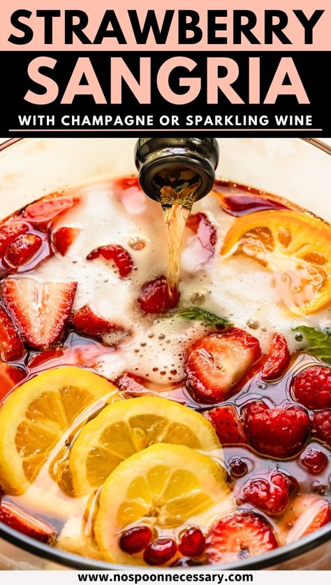 Bubbly and refreshing - Learn how to make the best homemade Strawberry Sangria! Featuring Champagne, Sparkling or Rosé Wine, along with a hint of liqueur and plenty of sweet white wine-soaked fruit and berries, this sparkling sangria recipe is the perfect balance of fruity, dry and sweet! Champagne Sangria Recipe, Sangria With Champagne, Quick And Easy Sangria Recipes, Sparkling Sangria Recipes, Vegetarijanski Recepti, Sparkling Red Sangria Recipes, Prosecco Sangria, Orange Sangria Recipes, Sangria With Frozen Fruit