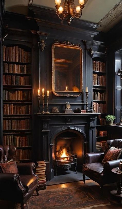 Massive Fireplace Ideas, Acotar Background, Dark Academia Bedroom Ideas, Gothic Fireplace, Dark Academia Interior, Gothic Living Room, Cottage Core House, Home Library Rooms, Victorian Home Decor