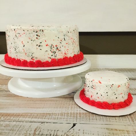 Black, white, and red sprinkles first birthday cake and smash cake for a race car birthday! Two Fast Birthday Cake Homemade, Smash Cake Race Car, Racecar Cake Smash, Race Car Cake Diy, 1st Birthday Race Car Smash Cake, Racing Smash Cake, Simple Race Car Cake, Race Car Smash Cake Boy, Fast One Smash Cake