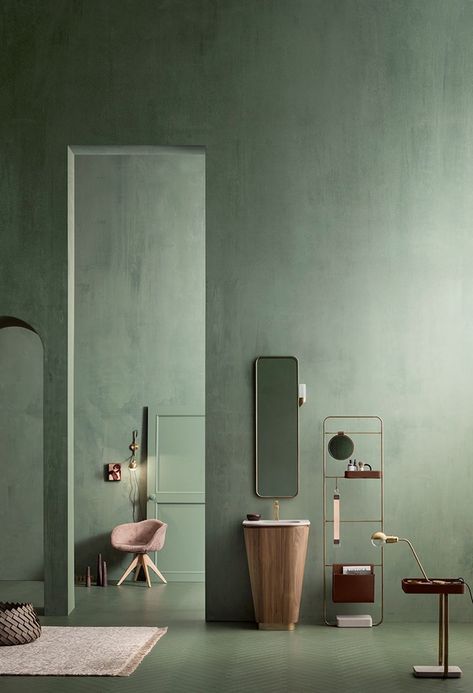 Suede. Bathroom inspired by Art Deco style Deco Spa, Bathroom Improvements, Bathroom Color Schemes, Contemporary Bathroom Designs, Green Walls, Green Interiors, Green Rooms, Interior Deco, Estilo Art Deco