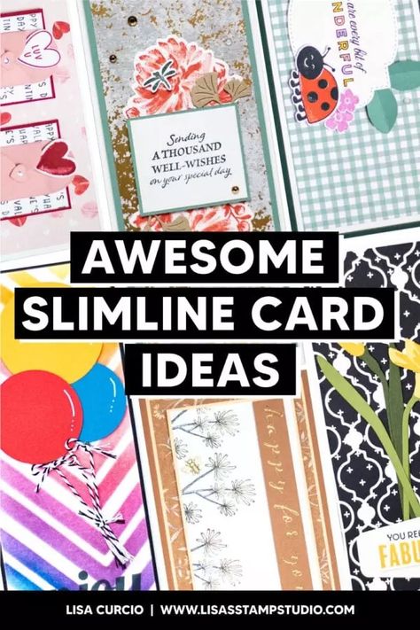 Learn how to make these awesome slimline cards with Lisa Curcio and Gina Curcio-Hawley from Lisa's Stamp Studio. These DIY card ideas are easy to make! Stamping Up Cards // Birthday Cards // Handmade Birthday Cards // Birthday Card Ideas #handmadecards #handmadecardtutorial #slimelinecardideas #birthdaycards Slimline Card Ideas, Cards Handmade Birthday, Diy Card Ideas, Lisa Curcio, Cards Diy Easy, Card Making Stencils, Birthday Card Ideas, Slimline Cards, Greeting Card Craft