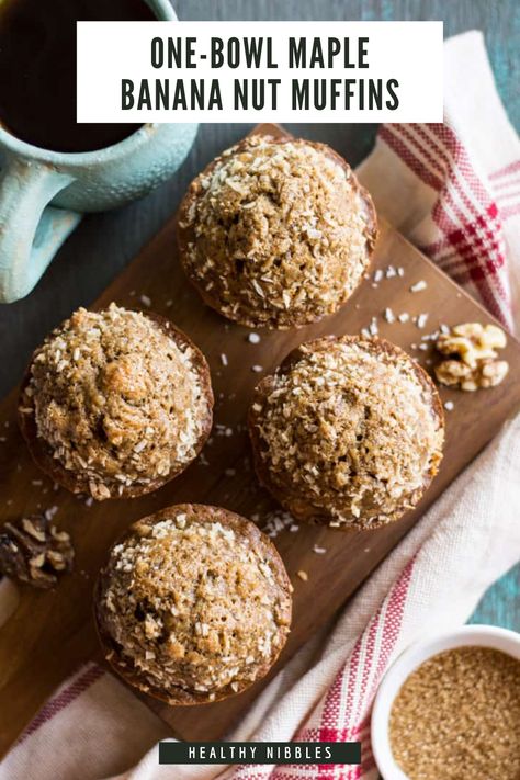 One-bowl, light whole wheat banana nut muffins that are baked with maple syrup for a rich, slightly malty flavor. They are perfect for breakfast! #banananutmuffins Whole Wheat Banana Nut Muffins, Banana Nut Muffins Healthy, Nut Muffins, Banana Nut Muffins, Bowl Light, Banana Nut, Cinnamon Banana, Healthy Muffins, Easy Delicious Recipes