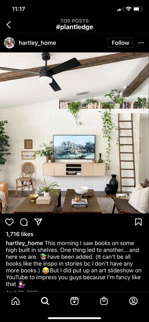 High Plant Shelf Decor Vaulted Ceilings, High Ceiling Ledge Decor, Boho Vaulted Ceiling Living Room, House Ledge Decor, Slanted Vaulted Ceiling Living Room, Vaulted Ceiling Plant Shelf Decor, Vaulted Ceiling Plant Wall, Vaulted Ceiling Shelf Decor Living Room, Vaulted Ledge Decor