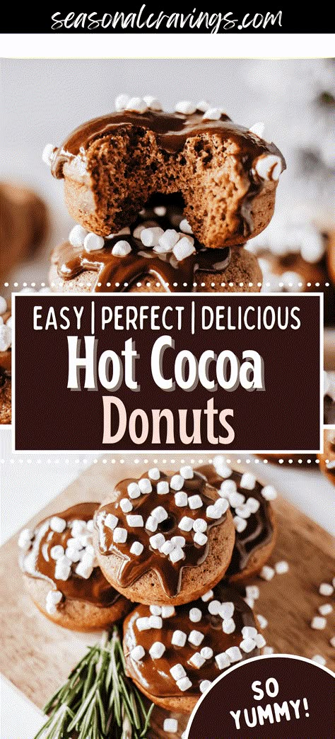 These hot cocoa donuts are easy to bake up in a flash and the perfect sweet breakfast, snack or dessert for the holidays.  Your family will love them! Christmas Donuts Recipes, Christmas Baked Donut Recipes, Christmas Breakfast Sweets, Christmas Donuts Ideas, Donut Christmas, Chocolate Donuts Baked, Baked Donuts Easy, Holiday Donuts, Oatmeal Banana Bread