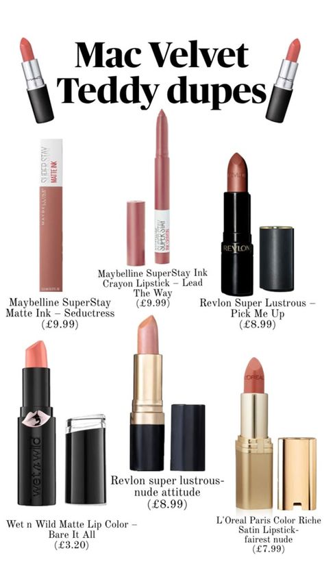 Mac velvet teddy dupes #dupe #makeup #lipstick #beauty Mac Teddy, Velvet Teddy Mac, Mac Mehr, Mac Velvet Teddy, Crayon Lipstick, Revlon Super Lustrous, Velvet Teddy, Matte Lip Color, Satin Lipstick