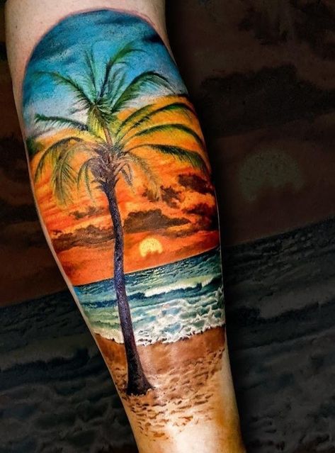 Beach Theme Tattoos, Beach Inspired Tattoos, Beach Tattoo Ideas, Ocean Sleeve Tattoos, Tatuaje Trash Polka, Beachy Tattoos, Tropical Tattoo, Sunset Tattoos, Palm Tattoos