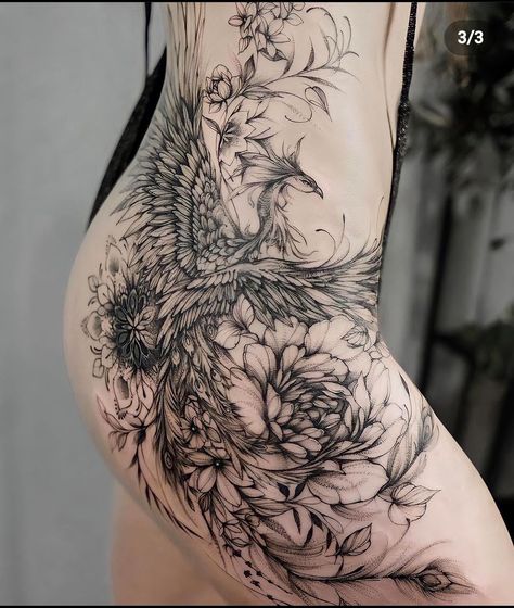 Inspirational Female Tattoos, Good Cover Up Tattoos Ideas Thigh, Huge Hip Tattoo, Hip To Back Tattoos Women, Pheonix Tattoo For Women Side Hip, Large Side Tattoos Women, Phoenix Hip Tattoo, Large Back Tattoos For Women, Feminine Hip Tattoos