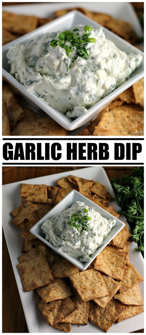 Garlic Herb Dip starts with a cream cheese base then is filled with fresh herbs and takes only 10 minutes to put together. Paired with Van's Simply Delicious® Crackers, it makes the perfect snack for your next party. | Persnickety Plates ad Garlic Herb Dip, Super Easy Dips, Garlic Dip Recipes, Persnickety Plates, Herb Dip, Easy Dip, Garlic Dip, Dip Recipes Easy, Veggie Dip