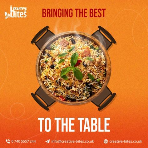 Simple, satisfying, and always delicious.  #creativebites #creative #bestfood #tasteintravel #biryani #tablesetting #london #biryanilove #vegetarian #vegbiryani #india #culture #indianculture #musttryfood #creativity #tasty Biryani Creative Ads, Restaurant Creative Ads, Amazon Aesthetic, Food Creatives, Veg Biryani, Instagram Branding Design, Restaurant Poster, Ads Creative Advertising Ideas, Photoshop Design Ideas