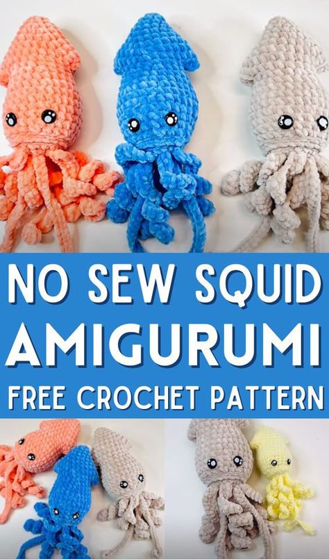 No Sew Crochet Squid Amigurumi Pattern Step By Step,#crochet #amigurumi #howtocrochet #amigurumicrochet #crochettutorial Beginner No Sew Amigurumi, Mini Squid Crochet Pattern, Amigurumi Squid Free Pattern, Easy Crochet Sea Animals, Free Crochet Squid Pattern, Crochet Arigumi Free Pattern No Sew, Sea Creatures Crochet Pattern Free, Easy No Sew Crochet Amigurumi, No See Crochet Amigurumi