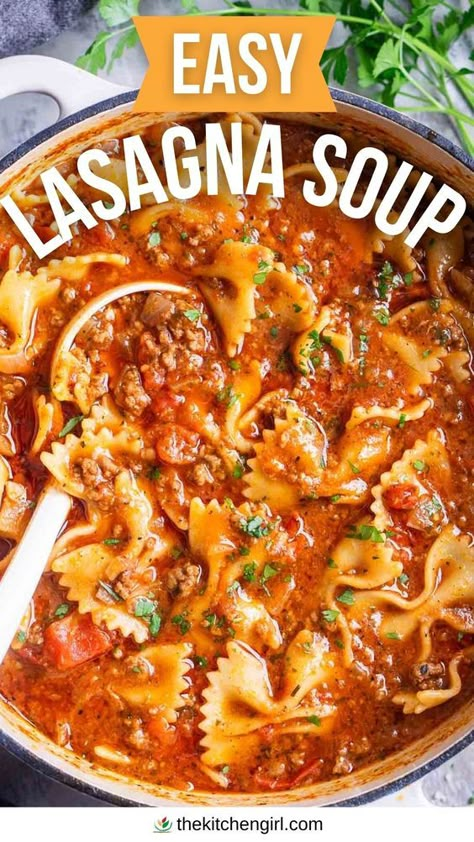 This easy lasagna soup recipe is how you can enjoy lasagna without all the work. There's no layering, just an easy soup recipe that's saucy, cozy, and family-loved! Lasagna Soup Recipes Easy, Palmini Lasagna Soup, Authentic Lasagna Soup, Lasagna Soup With Hamburger, Lasagna Soup Crockpot Healthy, Lasagne Soup Recipe Easy, Homemade Lasagna Soup, Vegan Lasagna Soup Recipe, Soup Recipes Lasagna