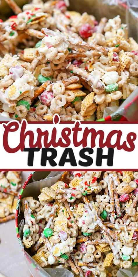 This White Chocolate CHRISTMAS TRASH is a Snack Mix recipe with pretzels, cereal, candy tossed together with chocolate. Quick, easy and an addicting treat. Perfect for a treat or baking exchanges #christmas #snackmix #christmasbaking #christmastrash #chocolate #snackmix Christmas Trash Recipe, White Chocolate Snack Mix, Christmas Trash, Trash Recipe, Chocolate Snack Mix, Christmas Snack Mix, Chex Mix Christmas, Favorite Christmas Recipes, Christmas Dinners