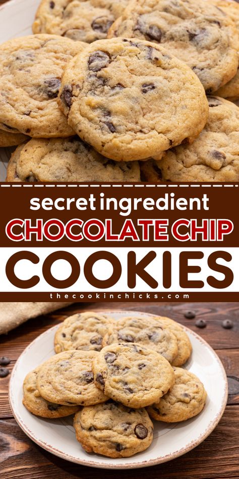 These Secret Ingredient Chocolate Chip Cookies are the best for your holiday baking recipes. Having only a few ingredients, these ultimate chocolate chip cookies have a crisp outside and chewy inside. These are perfect for your Christmas dessert ideas. Serving these easy Christmas cookies is a sure win for your family and loved ones. One Cookie Recipe Different Cookies, Bake Sale Chocolate Chip Cookies, Chocolate Chip Cookies With Almonds, Christmas Cookies Recipes Chocolate Chip, Chocolate Chip Cookie Hacks, Secret Ingredient Chocolate Chip Cookies, Pot Cookies Recipes, 4 Ingredients Cookies, What To Make With Chocolate Chips