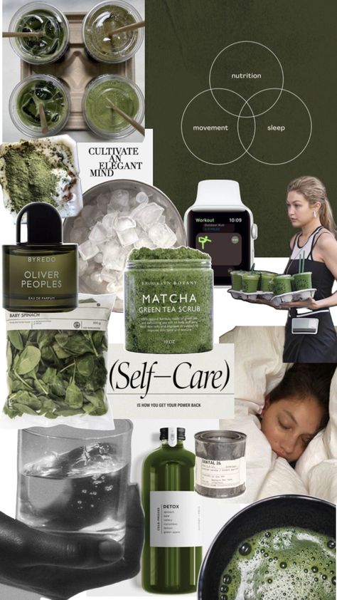 Vision board Green Olive Aesthetic, Olive Aesthetic, Matcha Girl, Green Tea Scrub, Matcha Aesthetic, Wellness Board, Green Matcha, Vision Board Ideas, Wellness Tracker