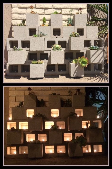 Series 1 of 4:  Suggestion: Use 8x8x8 and 8x8x16 cinder blocks to make a better arrangement. Adding the tea candles for a cozy evening. Put the mesh boxes (for better drain) with soil and succulents, cactus, or flowers. Cinderblock Planter, Patio Planter Boxes, Design Terrace, Backyard Decorations, Ideas Jardin, Succulent Ideas, Cinder Block Garden, Succulent Landscape Design, Cinder Blocks