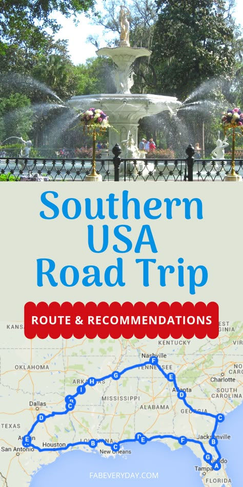 Southeast road trip itinerary, reviews, recommendations, roadside attractions, and good eats for a Southern USA road trip with kids through the southern states of Texas, Louisiana, Mississippi, Alabama, Florida, Georgia, Tennessee, and Arkansas. Click to get all the details of this south USA road trip on FabEveryday.com. Tennessee Aesthetic, Southern Road Trips, Southern Usa, Usa Road Trip, Road Trip Map, Road Trip Places, East Coast Road Trip, Rv Road Trip, Road Trip Routes