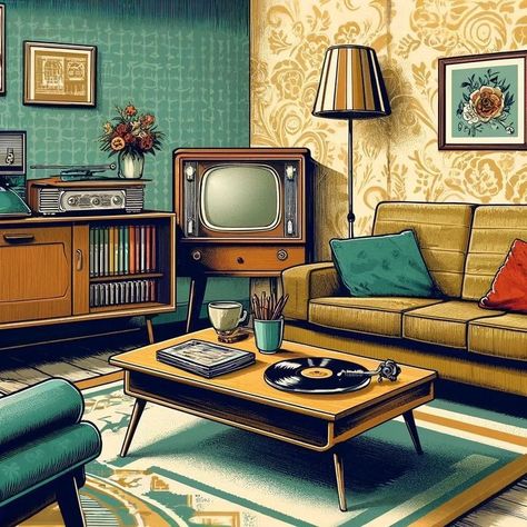 50s Living Room Decor, 1950s Lounge Room, 50s Interior Design Living Rooms, 50s Aesthetic House, Vintage Small Living Room Ideas, 50s House Aesthetic, 1950 Living Room, Living Room Concept Art, Mid Century Living Room 1950s