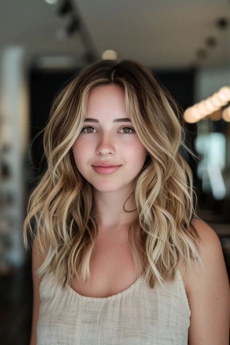 Woman with wavy blonde hair smiling in a brightly lit room. Wavy Hair Choppy Layers, Long Layers Haircut For Thick Hair Wavy Shoulder Length, Long Hair Framed Face Haircuts, Medium Length Hair Choppy Layers, Shoulder Length Wavy Haircut, Long Hairstyles With Layers Wavy, Medium Hair With Layers And Face Framing, Shoulder Length Hair With Face Framing, Oval Layered Haircut